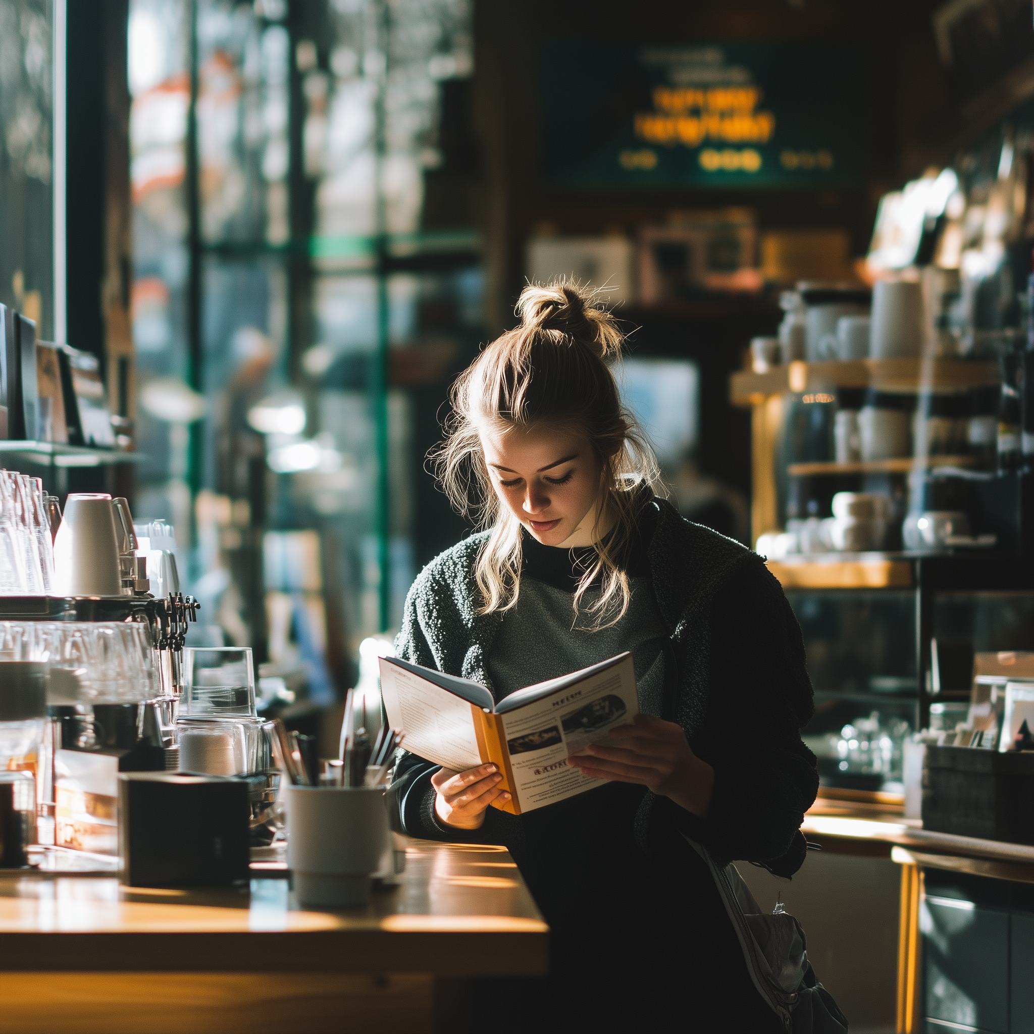 A photo of a college student reading a textbook while working as a barista