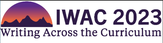 IWAC 2023 logo, showing a purple mountain range on an orange and purple circular background